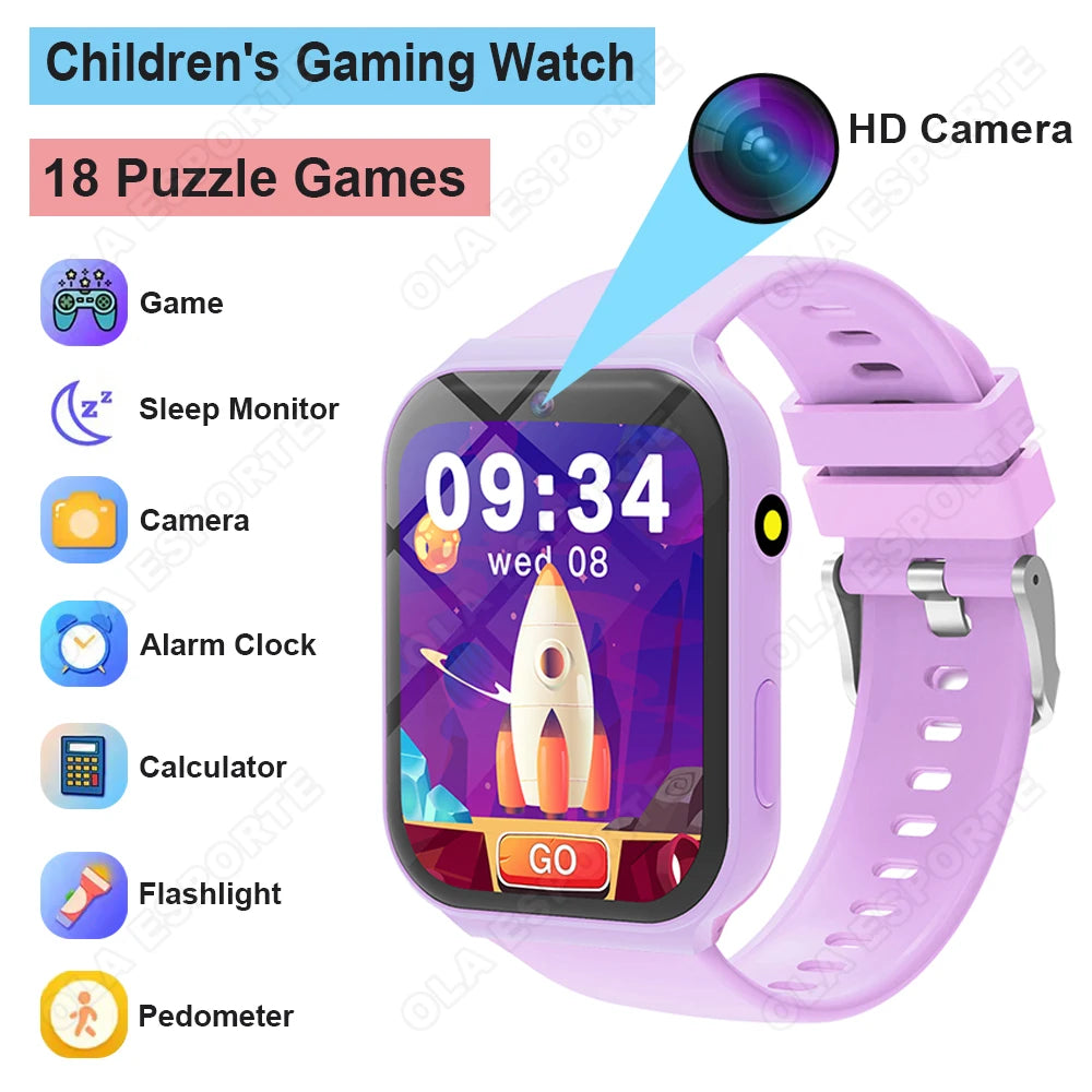 New Smartwatch For Kids HD Camera Flashlight Study Partners Multi Games Calculator Children's Day Birthday Gift Boys Girls HW12 Peaceful Pleasures Health and Wellness Purple Game watch for kids