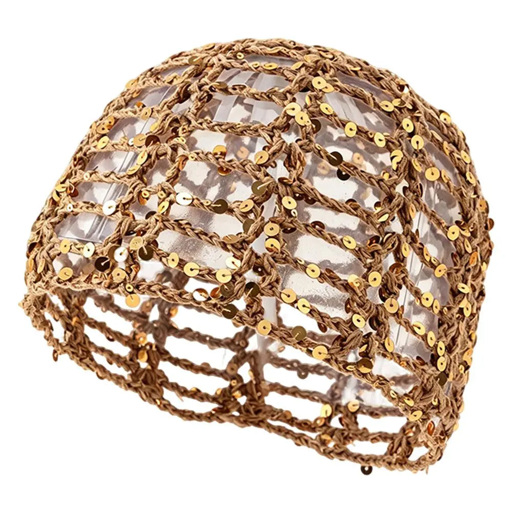 Y2K Sequined Crochet Beanie – Fishnet Pullover Hat for Women