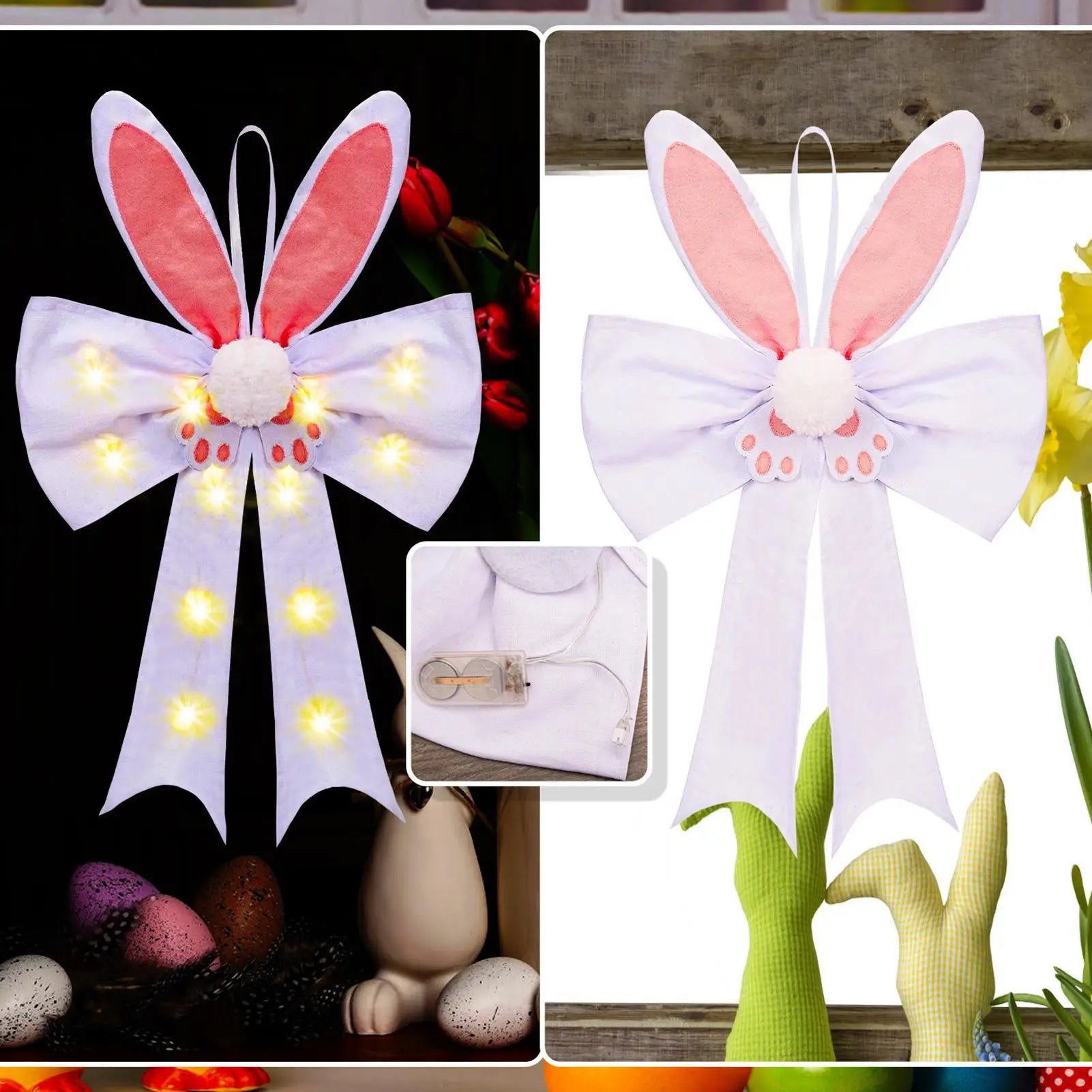 Spring Bow With LED Lights Spring Home Decor Cute Bunny Bow Easter Decorations For Holiday Party Bedroom Living Room Apartment Peaceful Pleasures Health and Wellness