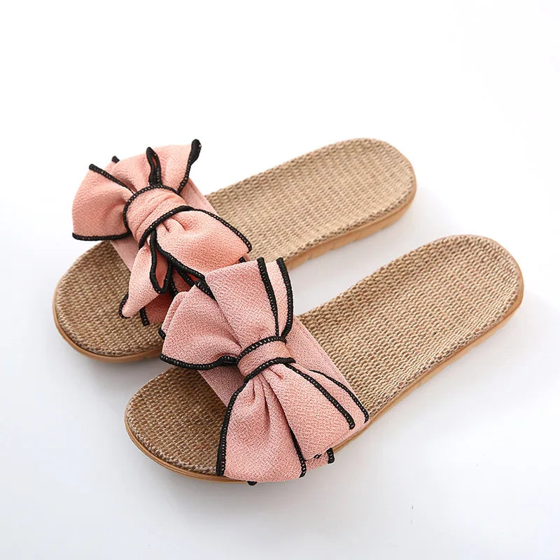 Women's Linen Bow Slides – Summer Indoor Slippers & Sandals