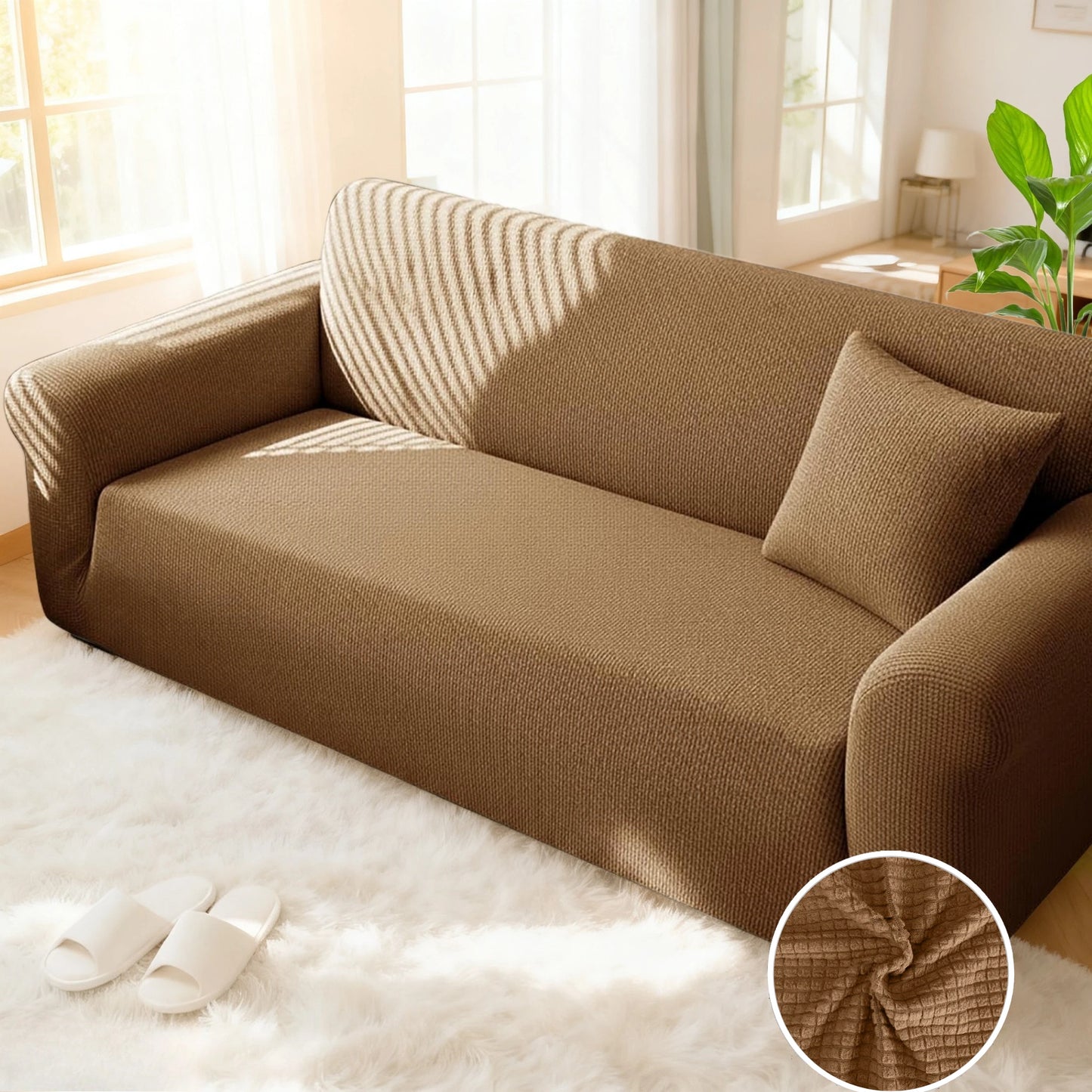 Jacquard Sofa Cover For Living Room Elastic Thick Jacquard Sofa Cover For L-shaped Corner Sofa Cover 1/2/3Seater with Pillowcase Peaceful Pleasures Health and Wellness Coffee Mini Grid 1 Seater 90-140cm