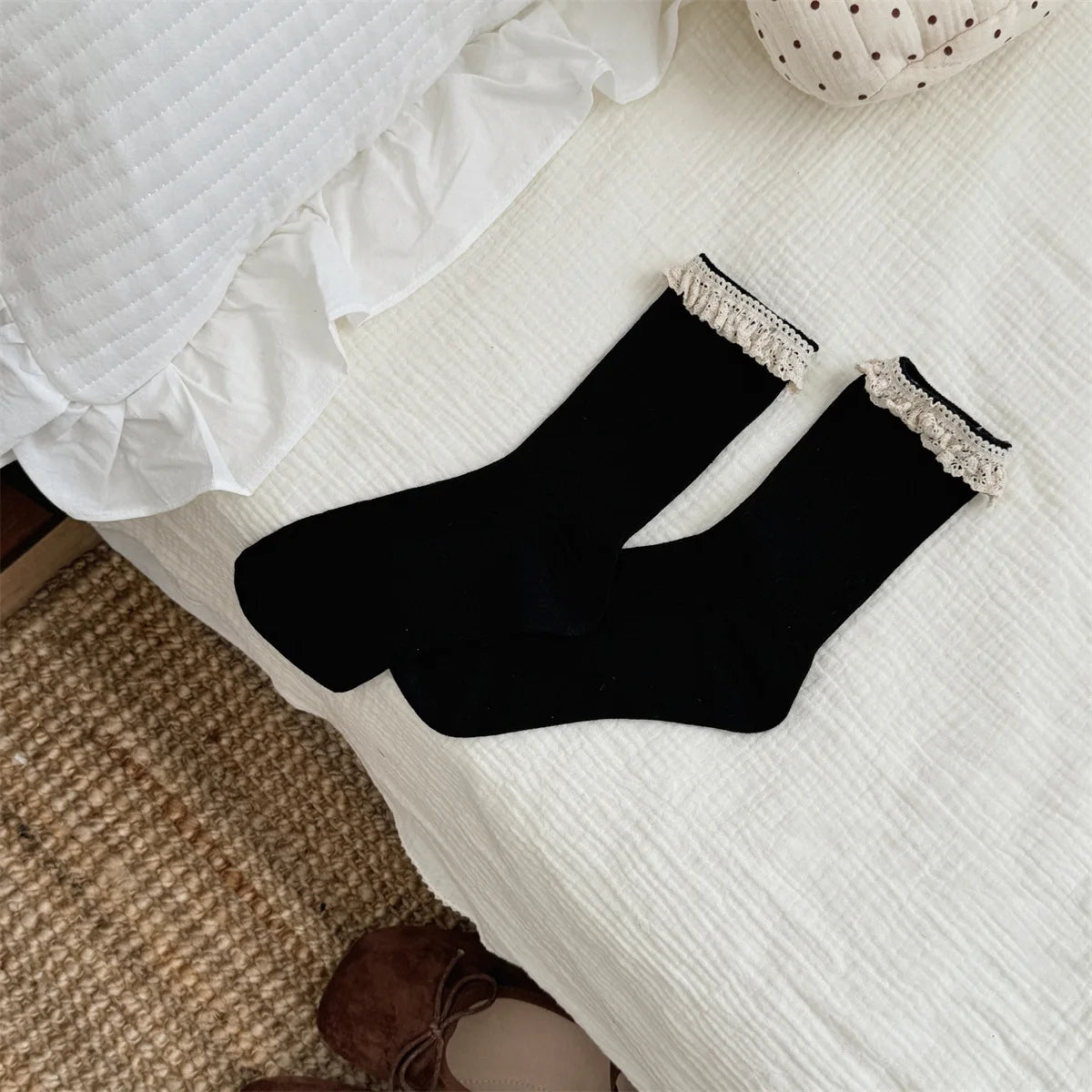Korean Style Socks Sweet Lace Mid Calf Socks Ballet Style Girls Double Needle Slouch Socks for Women Daily Casual Fashion Wear Peaceful Pleasures Health and Wellness E One Size