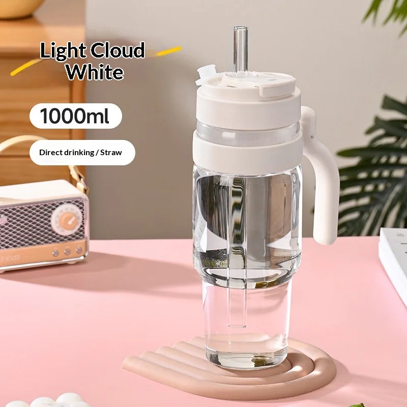 1000ml Cross Border Popular Large Capacity Flower Tea Cup, Straw Glass Cup, High Borosilicate Car Ice Cream Cup Peaceful Pleasures Health and Wellness White