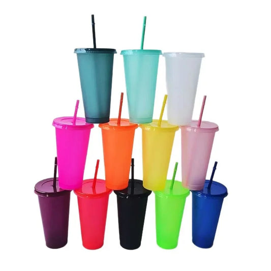 5PCS Assorted Solid Color Reusable 24oz Plastic Cold Cup Coloured Cup Colored Straw Cup Glasses with Straw and Lid no logo 710ML Peaceful Pleasures Health and Wellness