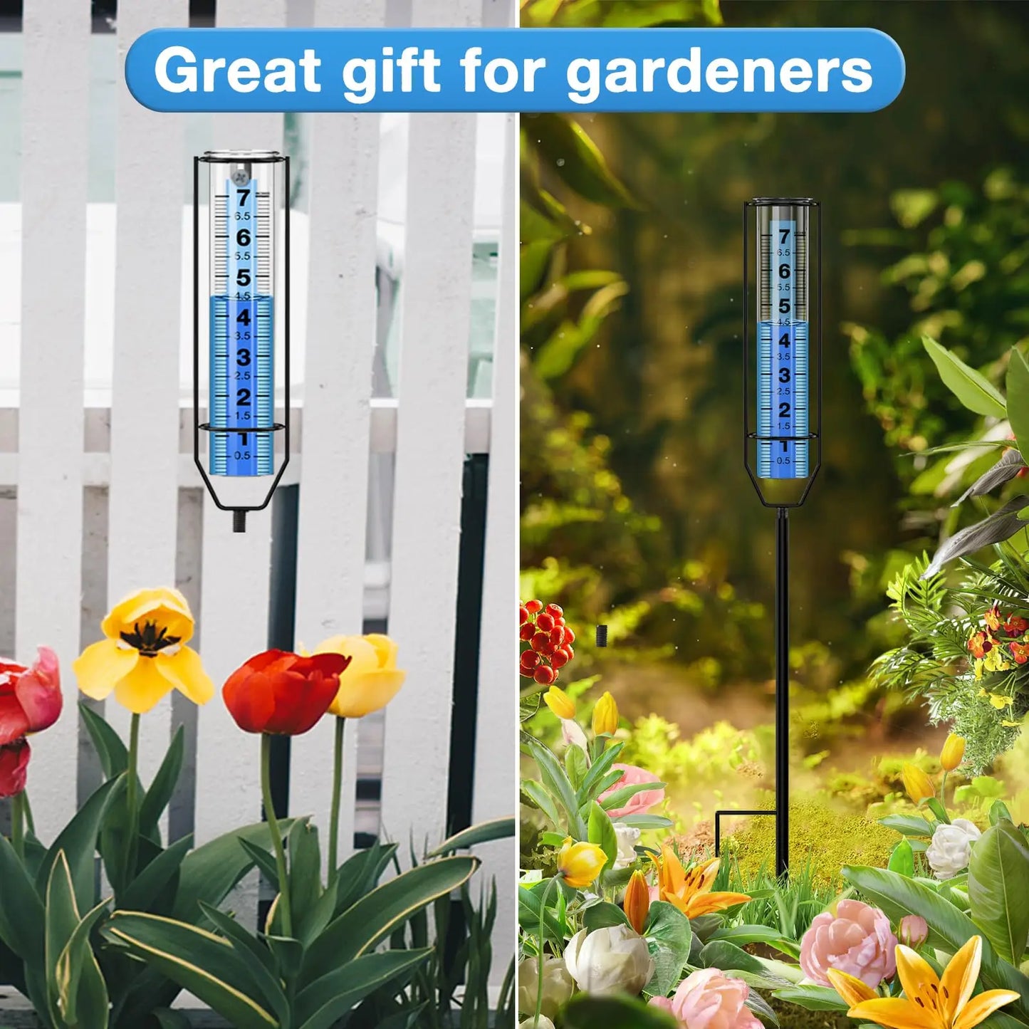 Rain Gauge 7" Freeze-Proof Transparent Plastic Outdoor Measuring Tool Large Clear Numbers Adjustable Height for Garden Lawn Farm Peaceful Pleasures Health and Wellness