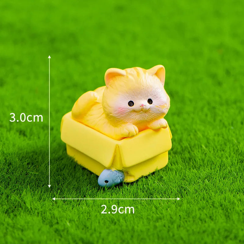 Miniatures Figurines Cute Cat Kawaii Animal Micro Landscape Ornaments for Home Room Desk Fairy Decoration Gardening Accessories Peaceful Pleasures Health and Wellness Lying on the box