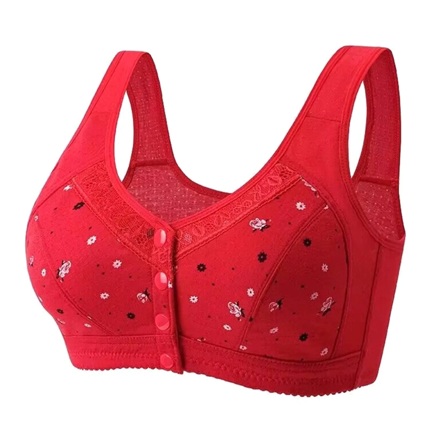 Plus Size Flower Print Wire Free No Pads Nursing Bra Mid-aged Mom Open Front Vest Brassiere Lingerie Cotton Bralette Underwear Peaceful Pleasures Health and Wellness Red 50