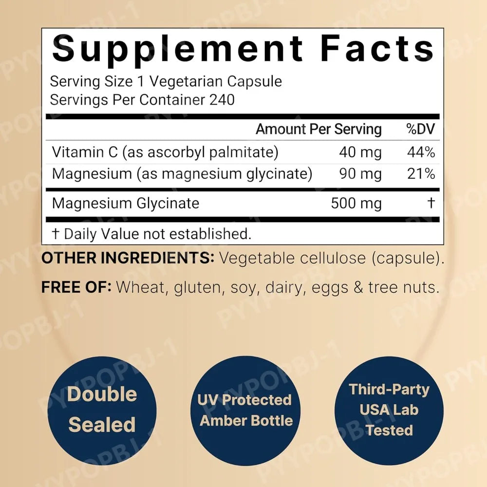 Magnesium Glycinate 500mg 240 Veggie Caps | Chelated Vegan