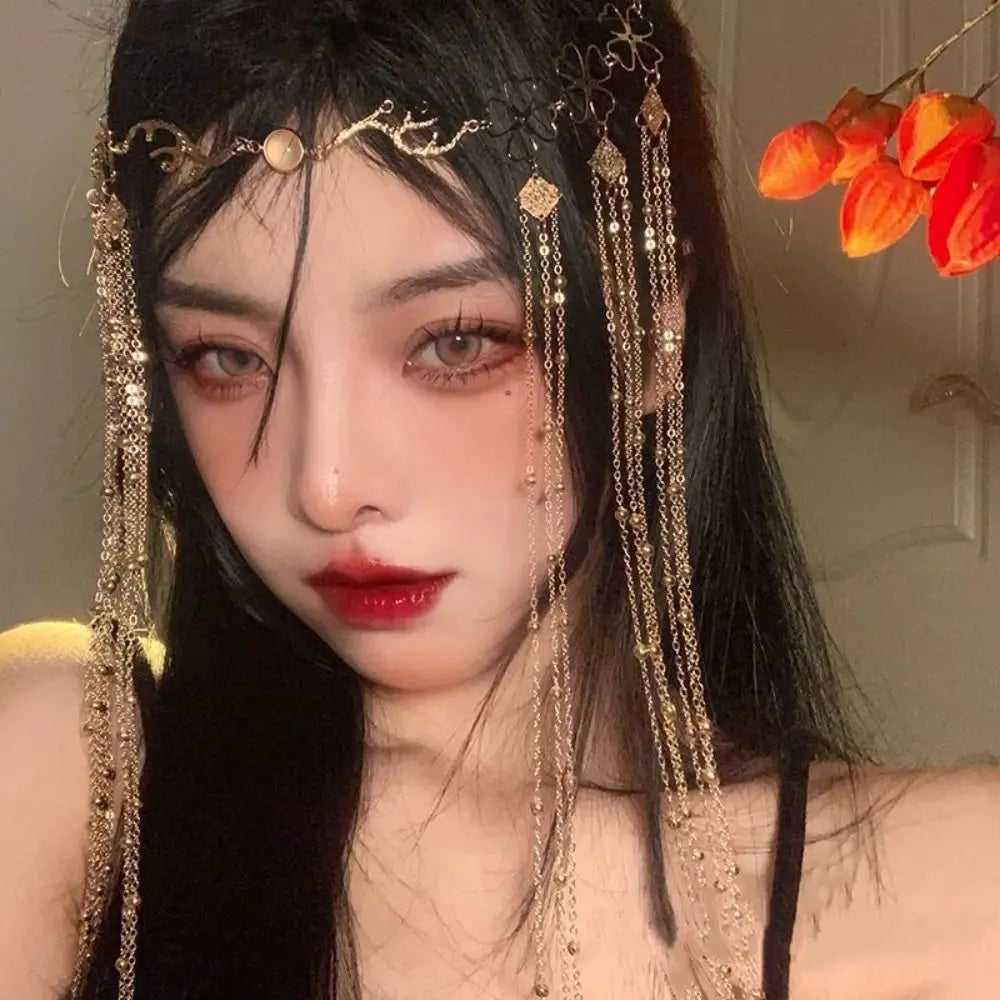 Crystal Tassel Head Chain – Gold Forehead Pendant for Women