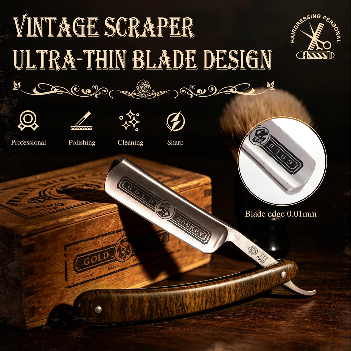 Gold Monkey Vintage Straight Razor,Professional Ultra-Thin Blade Folding Shaving Knife With Wooden Handle Knife For Barber Salon Peaceful Pleasures Health and Wellness