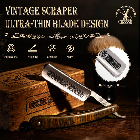 Gold Monkey Vintage Straight Razor,Professional Ultra-Thin Blade Folding Shaving Knife With Wooden Handle Knife For Barber Salon Peaceful Pleasures Health and Wellness