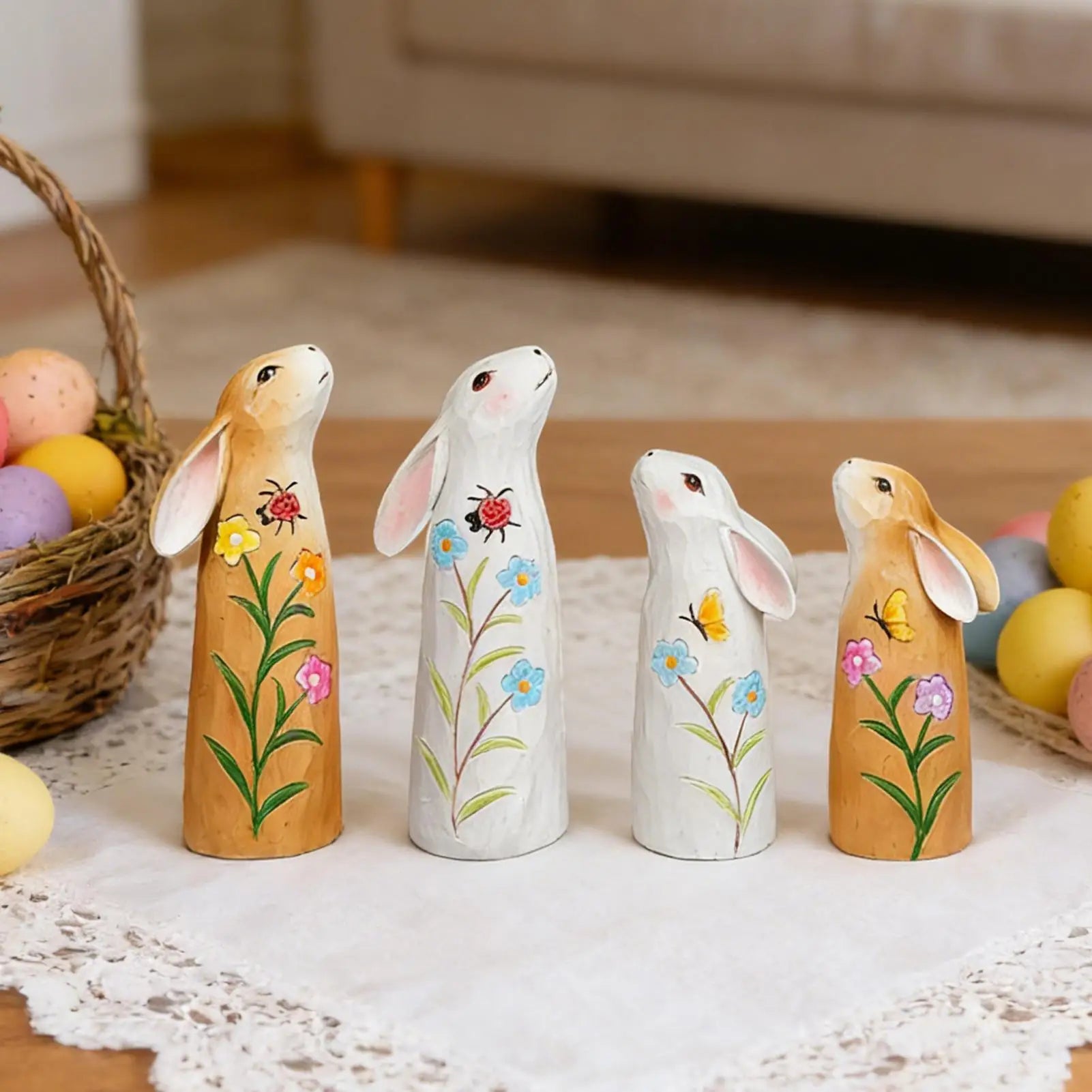 Easter Bunny Figurines Resin Seasonal Decoration Holiday Garden Sculpture for Bookcase Bookshelf Display Cabinet Dressing Table Peaceful Pleasures Health and Wellness