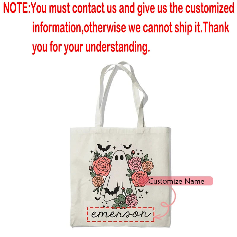 Personalized Ghost Flower Canvas Tote | Kids Halloween Candy Bag Personalized Tote Bag Peaceful Pleasures Health and Wellness custom tote bag 34x42cm