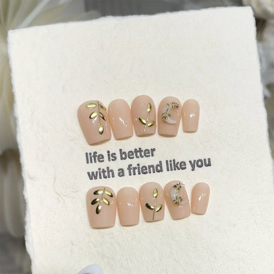 Nude Press On Nails Gold-Leaf Design | Short Fake Nails 10pcs Press-On Nails Peaceful Pleasures Health and Wellness