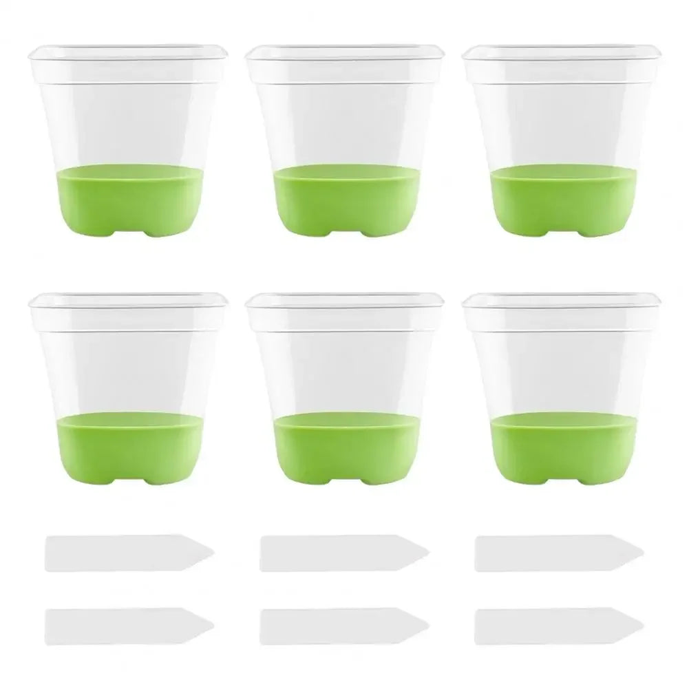 6 plastic square flower pots, transparent planting and seedling pots, reusable, breathable with silicone bottom and label Peaceful Pleasures Health and Wellness Fluorescent Green