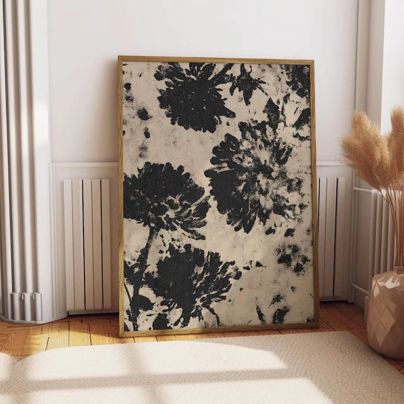 Retro Black Floral Silhouette Canvas Wall Art Print | Home Decor