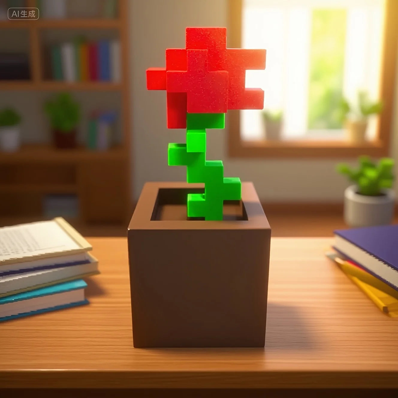 1 Piece Pixel Rose Flower Ornament, 3D Printed Unique Flower Decoration, Plastic Flower Item Suitable for Bedside Table, Desktop, Office Desk Decoration, Furniture Decoration Peaceful Pleasures Health and Wellness 1Pcs