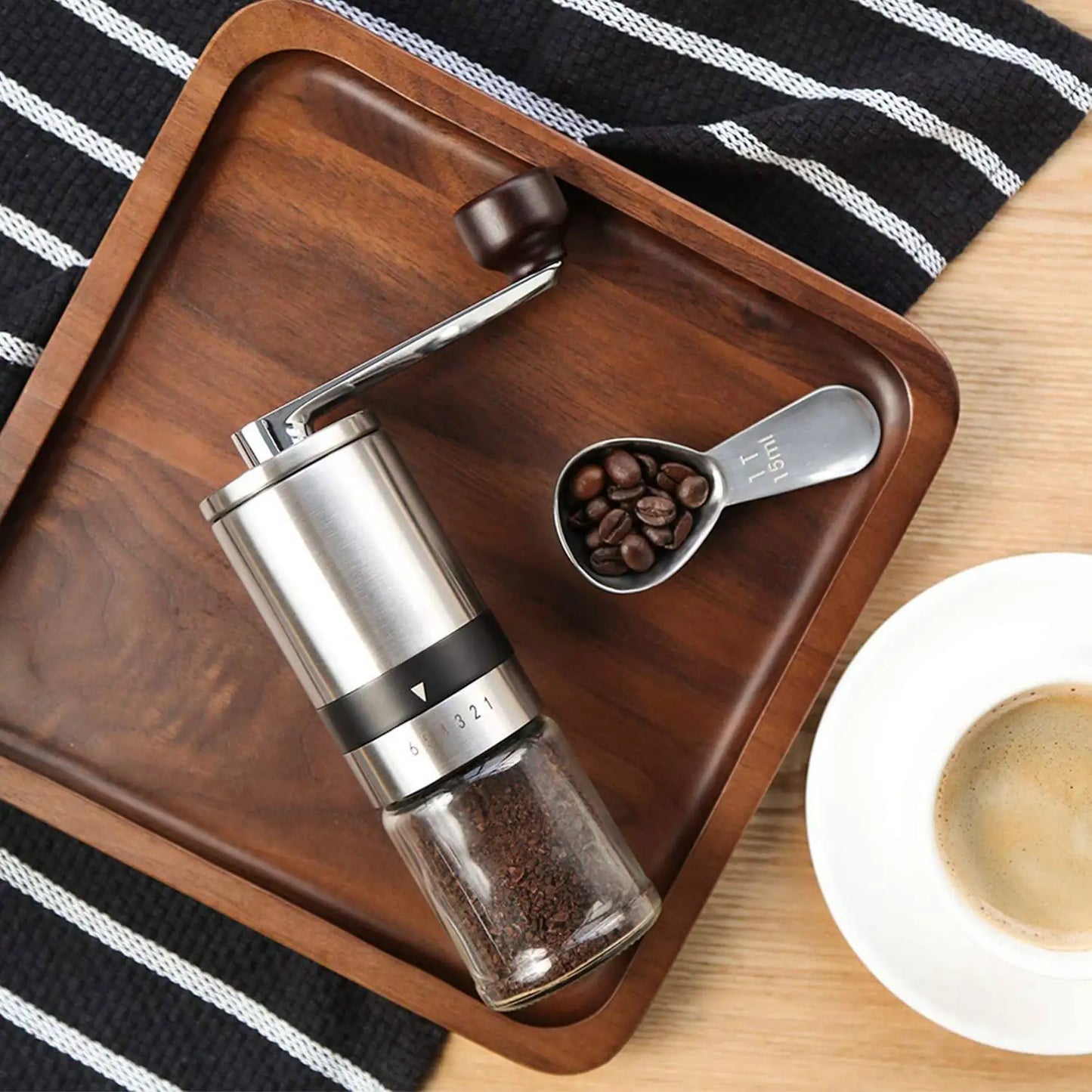 A36T-2X Manual Coffee Grinder - Hand Coffee Mill With Burrs 6 Adjustable Settings - Portable Hand Crank (Straight) Peaceful Pleasures Health and Wellness Silver