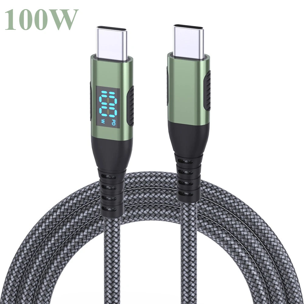 100W USB-C Fast Charging Cable with LED Display | 1M 2M 3M Peaceful Pleasures Health and Wellness Green 100W 2m