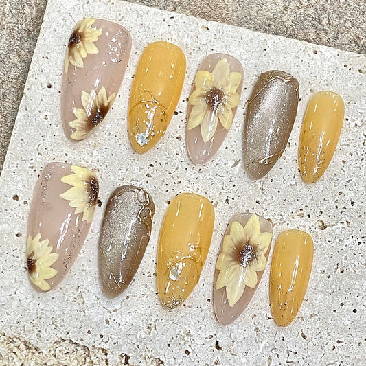 Handmade Press on Nails Shiny Cat Eyes Almond Fake Nails with Sunflower Hand-printed Glossy yellow False Nail Wearable Design Peaceful Pleasures Health and Wellness