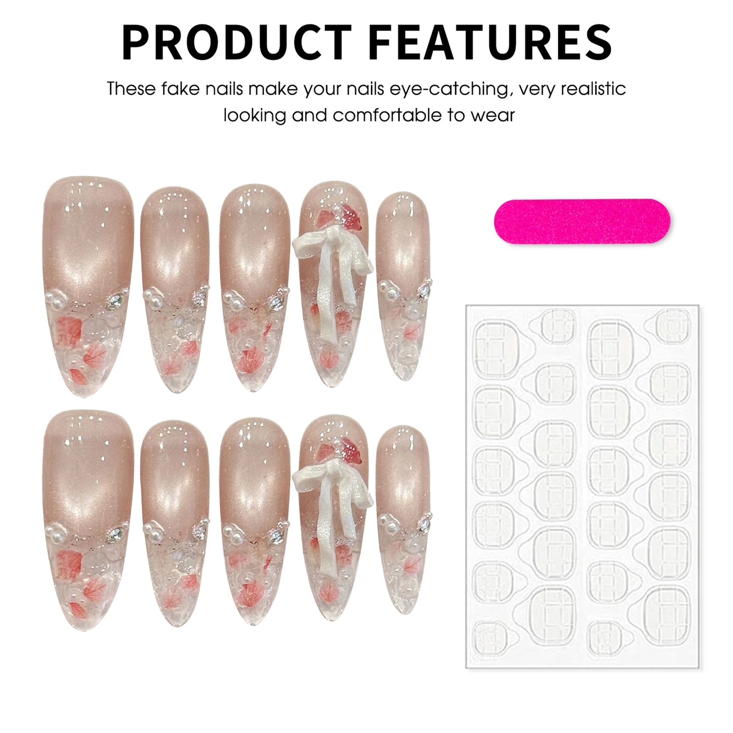 10pcs Long Oval Shape Handmade Press On Nails Nude Pink Fake Nails With Flash 3D Bow Designs Wearable French Almond False Nails Peaceful Pleasures Health and Wellness
