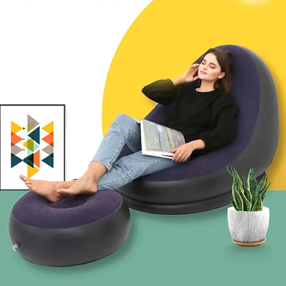 Lazy Inflatable Lounge Chair for Adults Folding Portable Lazy Sofa with Foot Stool Air Couch Sofa for Livingroom and Bedroom Peaceful Pleasures Health and Wellness