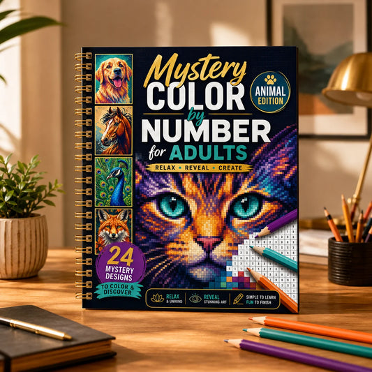 Mystery Number Adults A4 Spiral Coloring Book Animal Edition 24 Peaceful Pleasures Health and Wellness