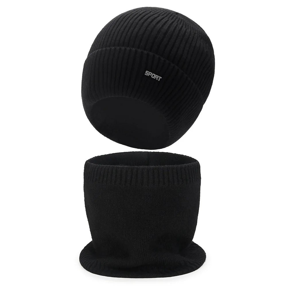 Winter New Solid Color Men's And Women's Knitted Hats+Ear Protection Scarf Set Warm Hat Scarf,Outdoor Warm Hat Warm Peaceful Pleasures Health and Wellness Black Set One Size