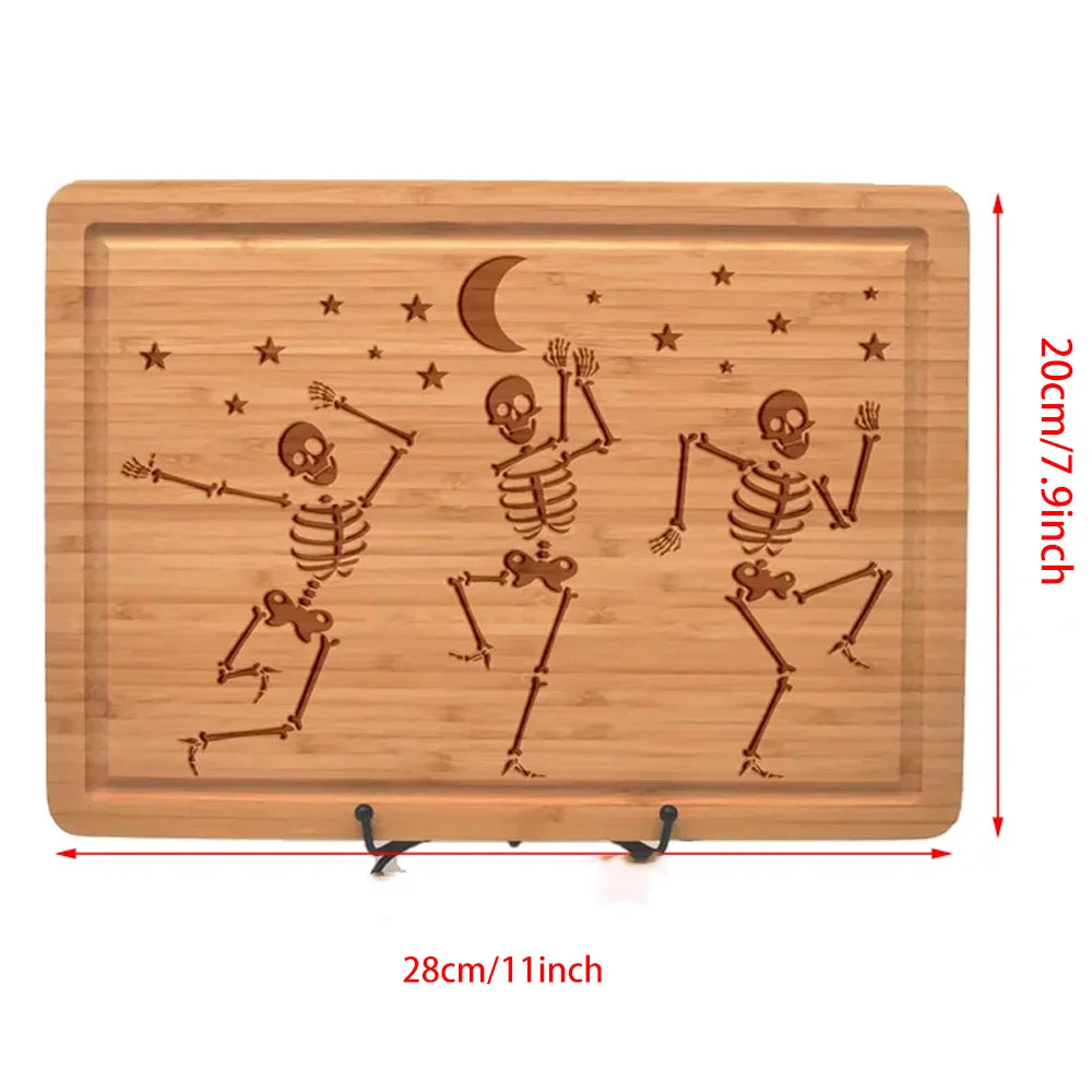 Halloween Skeleton Cutting Board Dancing Skeleton Bamboo Board Spooky Halloween Kitchen Decor Charcuterie Gift Housewarming Gift Peaceful Pleasures Health and Wellness