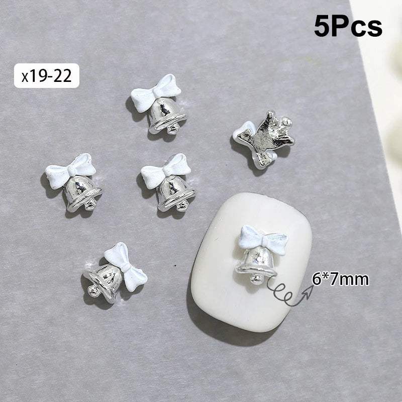 5Pcs Christmas Alloy Nail Accessories Mini Colored Bow Bell Rhinestones Jewelry Nail Art Charms Decorations 3D Flat Back Parts Peaceful Pleasures Health and Wellness x19 22