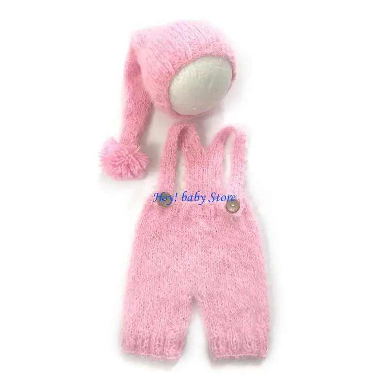 Newborn Photo Props Knit Turban Hat & Suspender Romper Set