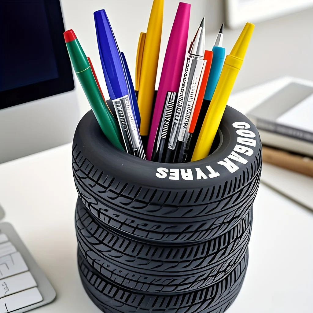 1-Pack Fun Tire-Shaped Pen Holder - Durable Black Pvc Desk Organizer with Letters, Suitable for School and Office, Great Holiday Gift, New Year Present Peaceful Pleasures Health and Wellness
