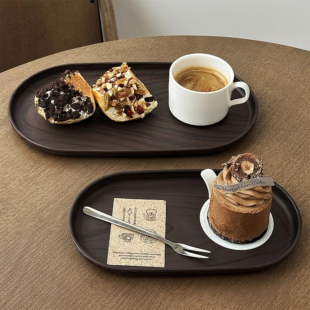 2-Piece Set of Small Oval Trays in Walnut Wood Color, Suitable for Tea Cups, Small Plates, Snacks, Cakes, Café Desserts, Storage Trays, Tea Trays, Christmas and Halloween Table Decorations Peaceful Pleasures Health and Wellness