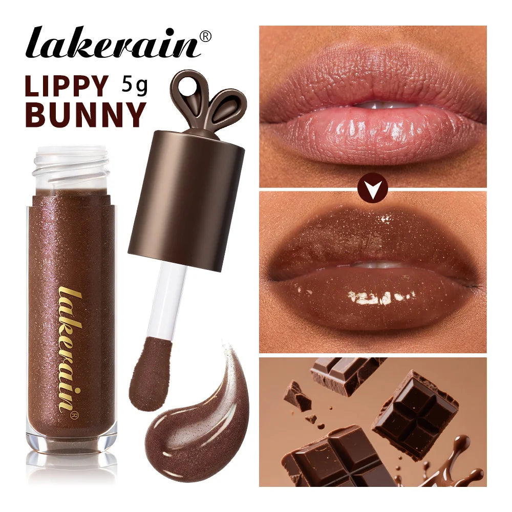 Lakerain Chocolate Rabbit Lip Gloss Mirror Effect Moisturizing Smooth Non-Sticky Long Lasting Hydration Lippy Bunny Lipstick Peaceful Pleasures Health and Wellness
