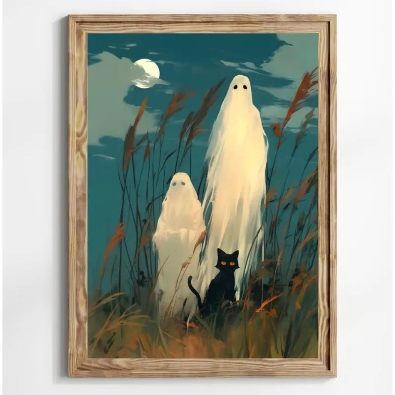 Retro Ghost & Black Cat Halloween Canvas Wall Art Poster Canvas Wall Art Print Peaceful Pleasures Health and Wellness