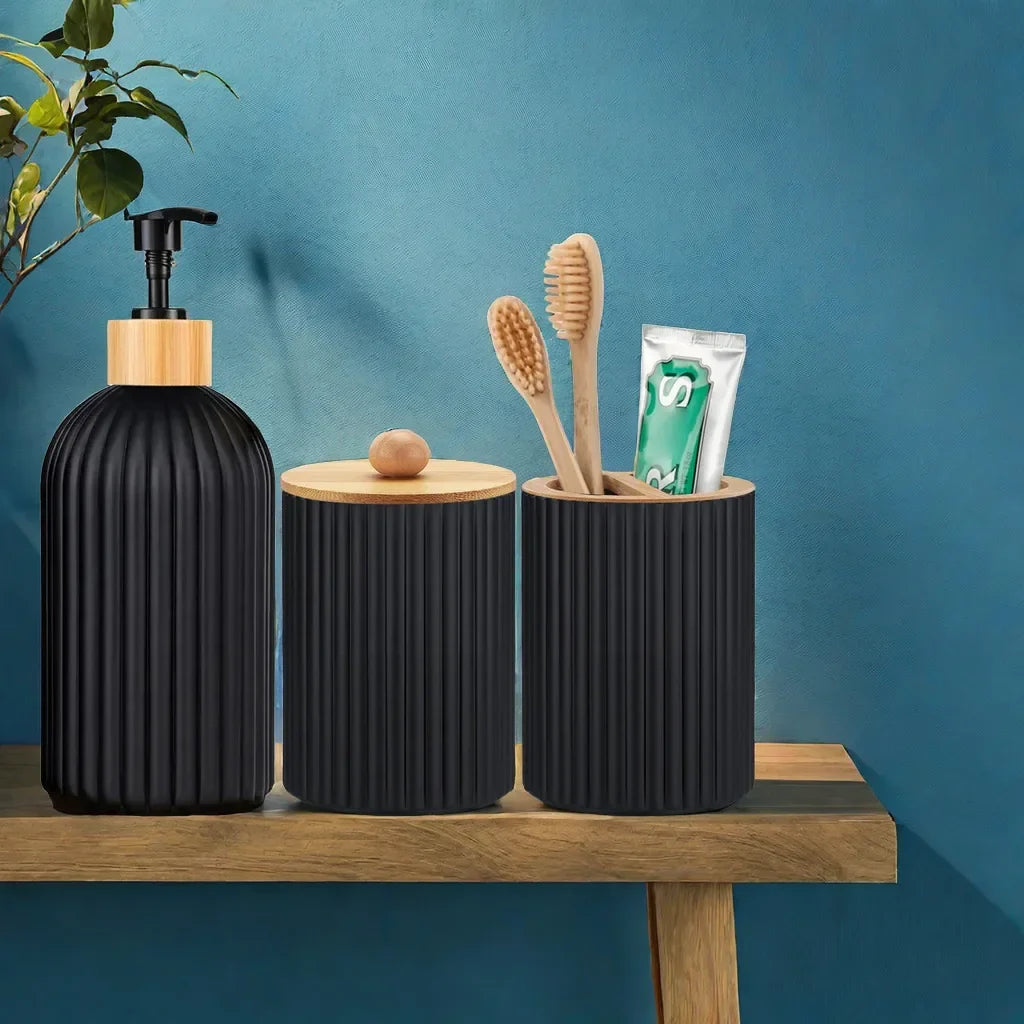 Bathroom Countertop Soap Dispenser – Plastic & Bamboo Organizer