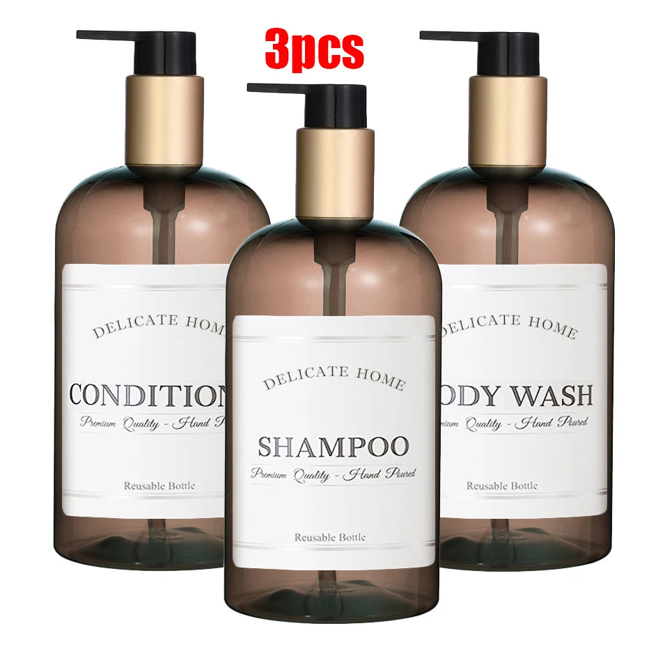 Refillable Shampoo and Conditioner Dispenser Shampoo Bottles with Pump Waterproof Labels Chic Shower Soap Dispenser Peaceful Pleasures Health and Wellness 3pcs brown bottle