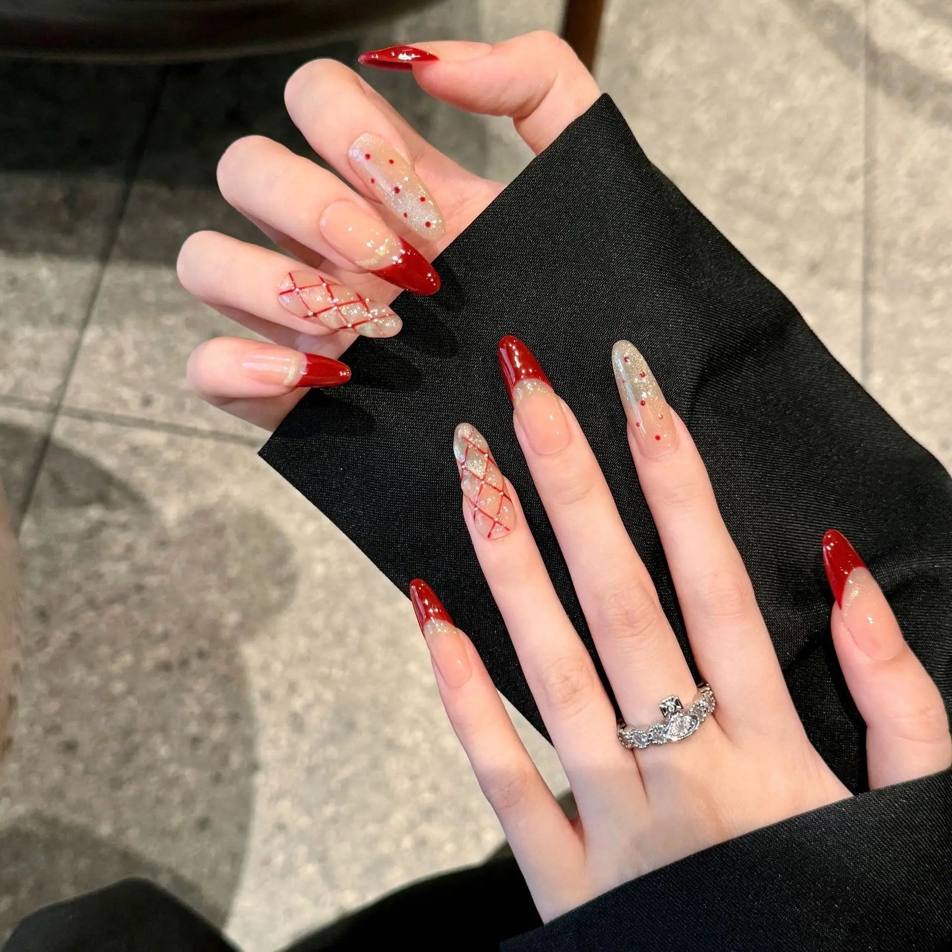 Handmade Press on Nails Shiny Cat Eye French Dot Grid Fake Nail Tips Women Girl Wearable Red New Year Sweet Korean False Nails Peaceful Pleasures Health and Wellness