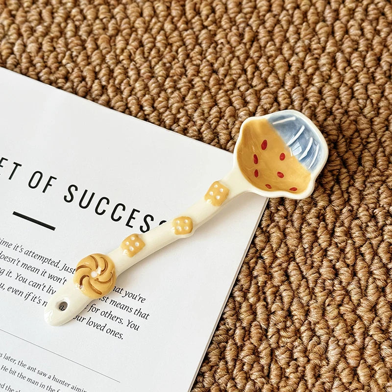 High Aesthetic Ceramic Long Handled Spoon Cute Baking Bread and Biscuit Design Household Rice Spoon Soup Spoon Underglaze Color Peaceful Pleasures Health and Wellness D