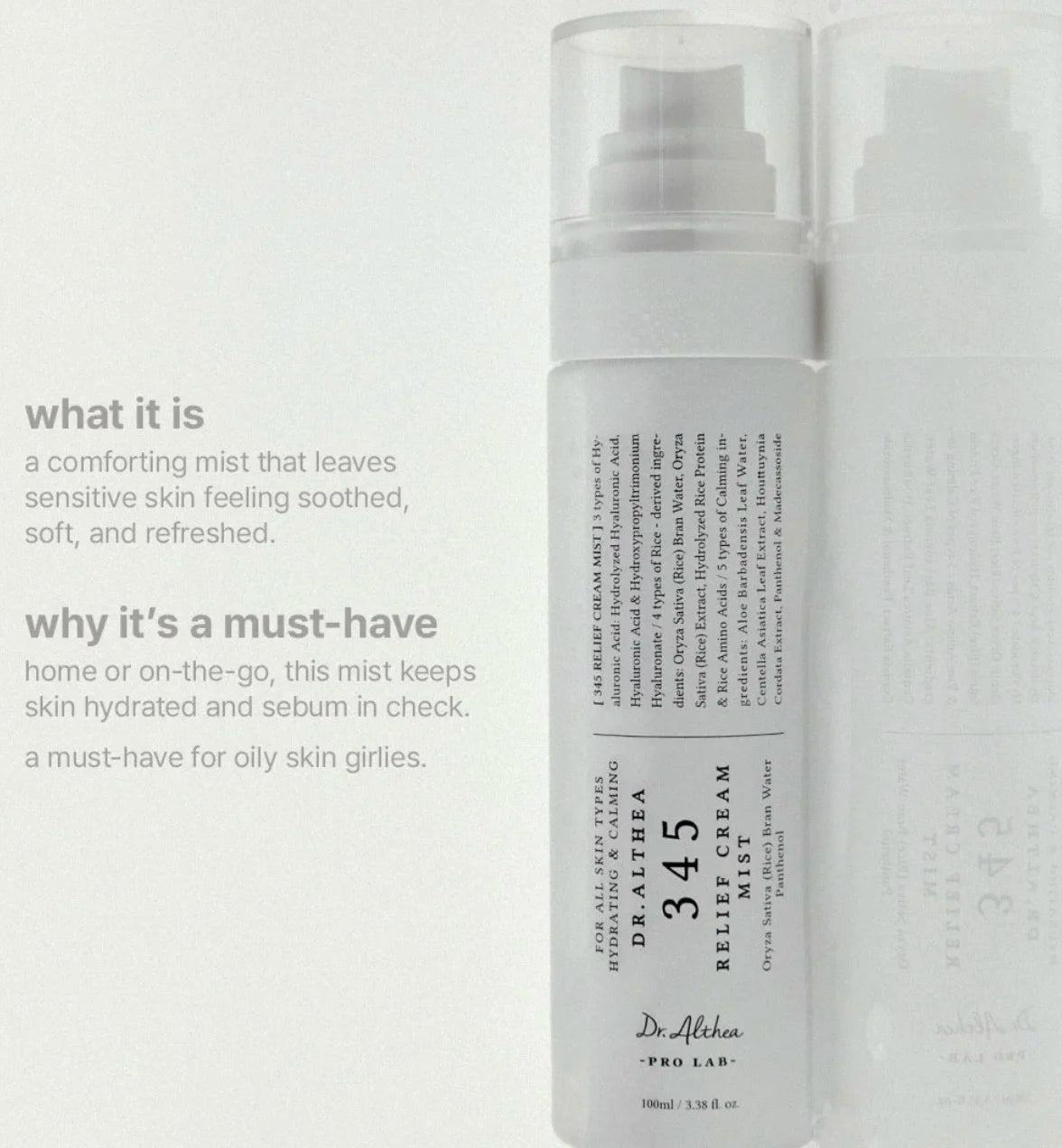 100ml Original Facial Essence Spray Dr. Althea 345 Relief Cream Mist Hyaluronic Acid Moisture Hydrating Smoothing All Skin Types Peaceful Pleasures Health and Wellness