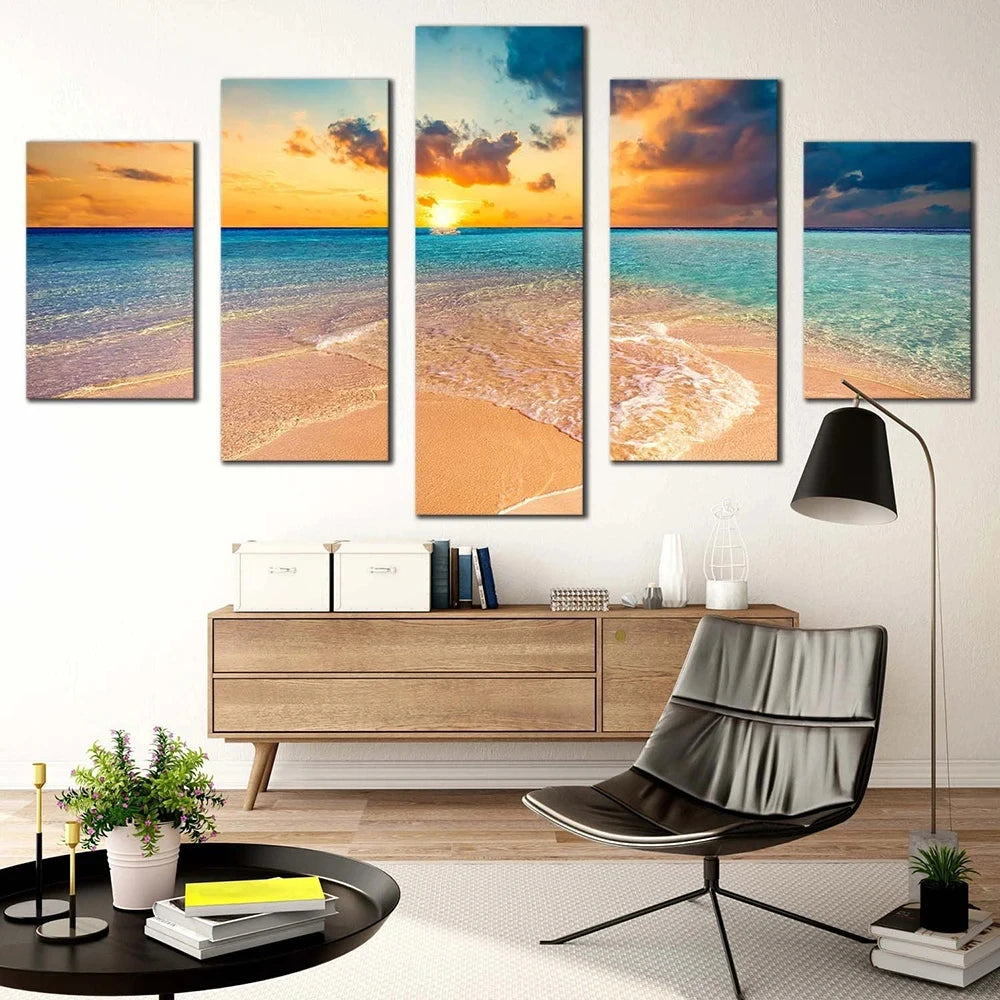 5pcs Cleopatra Ocean Canvas Painting Wall Art Orange Sky Ocean Beach Multi Turkey Sand Beach Sunrise Wall Decor No Frame Peaceful Pleasures Health and Wellness 5pcs 16 40x60-40x80-40x100cm