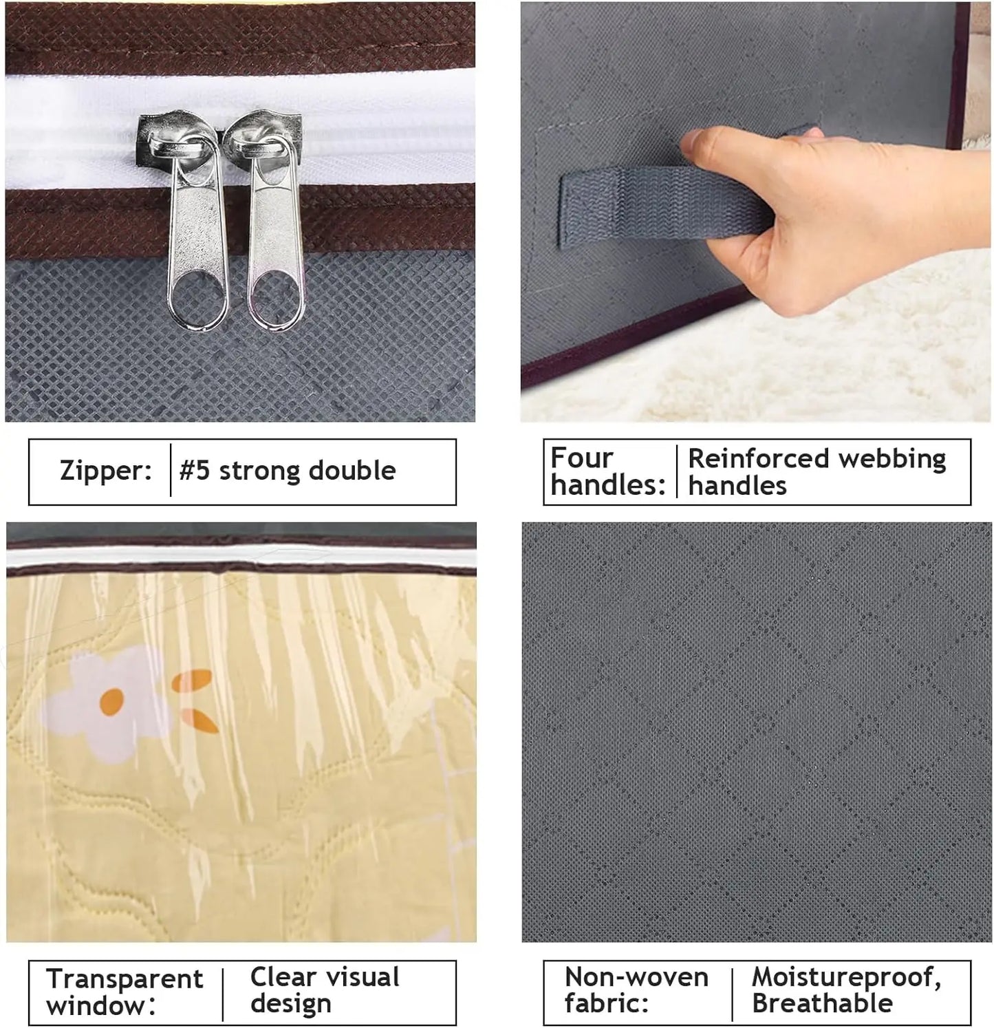 Product features including zipper, handles, transparent window, and fabric type.