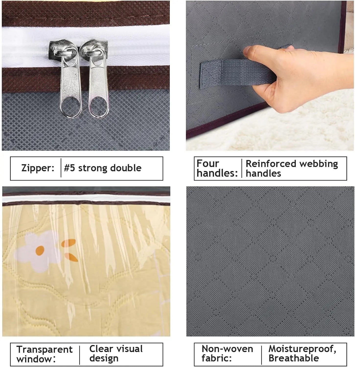 Product features including zipper, handles, transparent window, and fabric type.