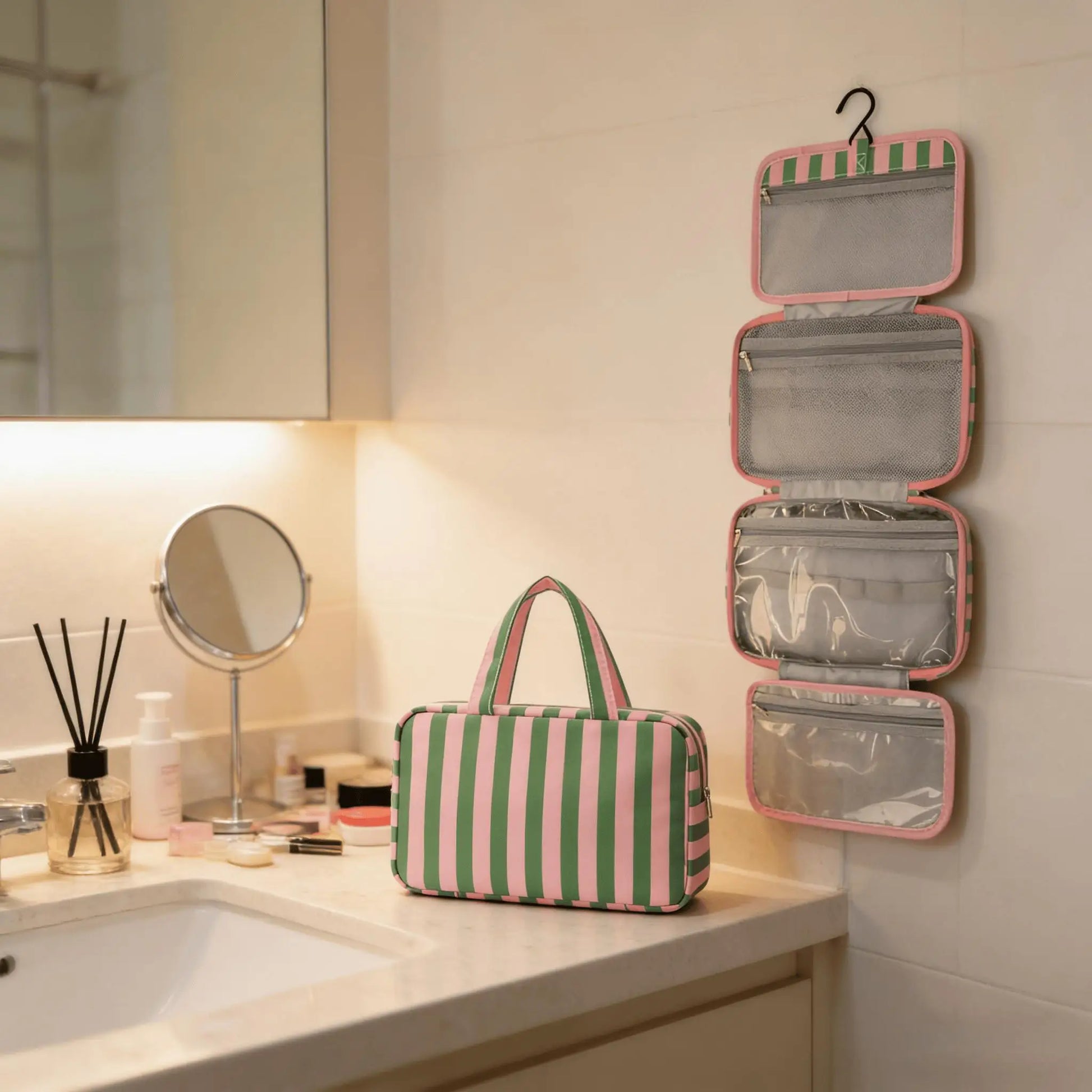 Large Striped Travel Toiletry Bag with Hook | Foldable Organizer Travel Toiletry Bag Peaceful Pleasures Health and Wellness