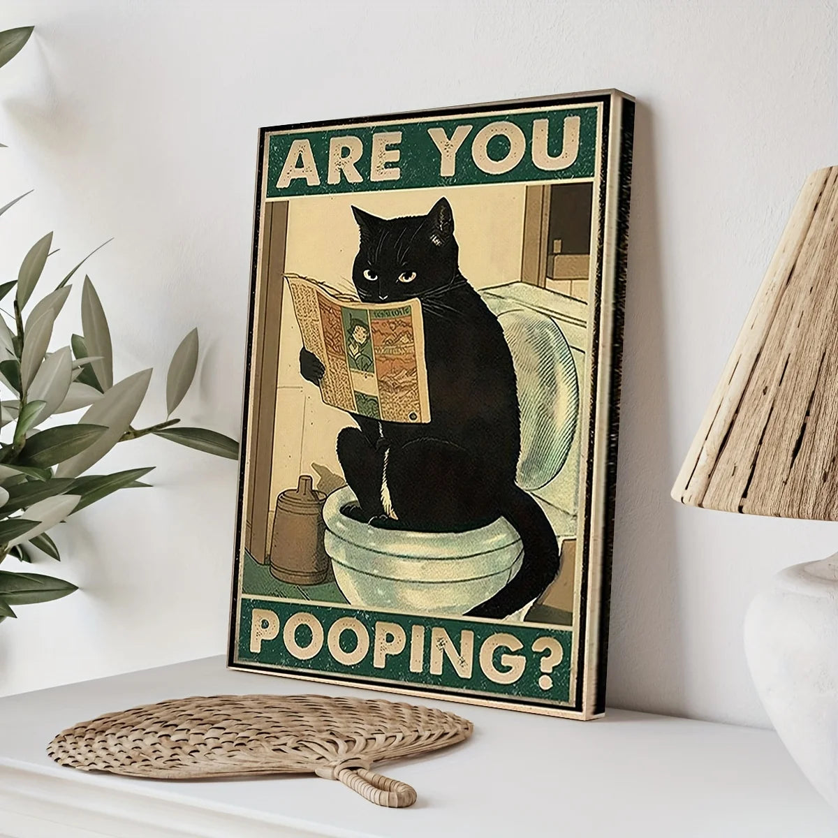 Funny Black Cat Toilet Canvas Poster | Retro Wall Art Print