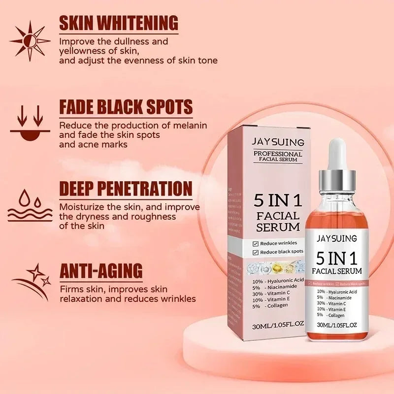 Jaysuing 5 In 1 Hyaluronic Acid Face Serum 30ml Moisturizing Vitamin C Collagen Lightning Facial Serum Shrink Pores Skin Care Peaceful Pleasures Health and Wellness