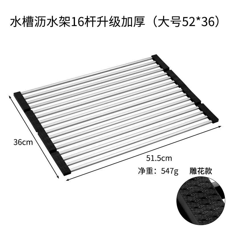 Folded Dish Drain Rack for Kitchen SUS304 Steel,Sink drying Rack,Bowl shelf Roll-up Dish Drying Rack Overthe Sink Plate Storage Peaceful Pleasures Health and Wellness 16 rods big