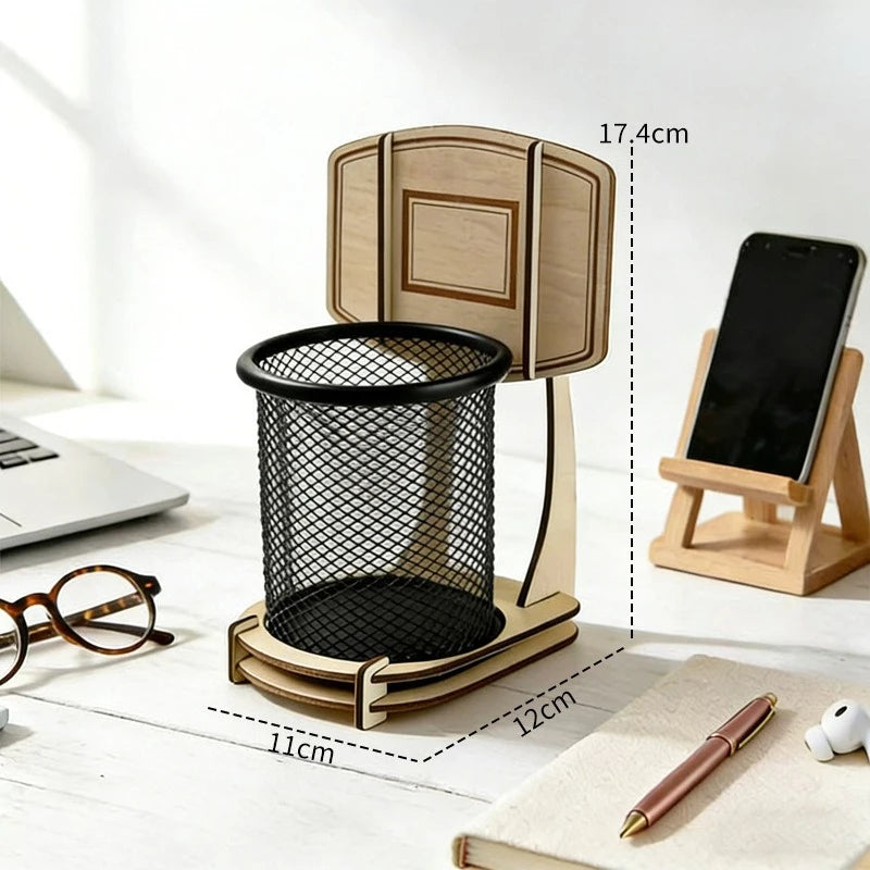 Wooden Multi-functional Assembled Basketball Hoop, Pen Holder, Stationery Storage, Office, Study, Entertainment Storage Tool Box Peaceful Pleasures Health and Wellness black