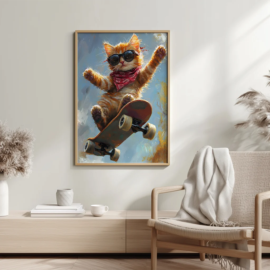 Animal Wall Art, Nordic Cool Skateboard Cat Street Style Canvas Painting, Trendy Poster Print for Bedroom Living Room Wall Decor Peaceful Pleasures Health and Wellness