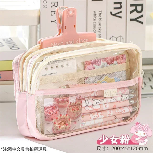 New kawaii transparent pencil bag School supplies storage Multifunctional DIY cute stationery kid pen case Girls makeup bag Peaceful Pleasures Health and Wellness Pink